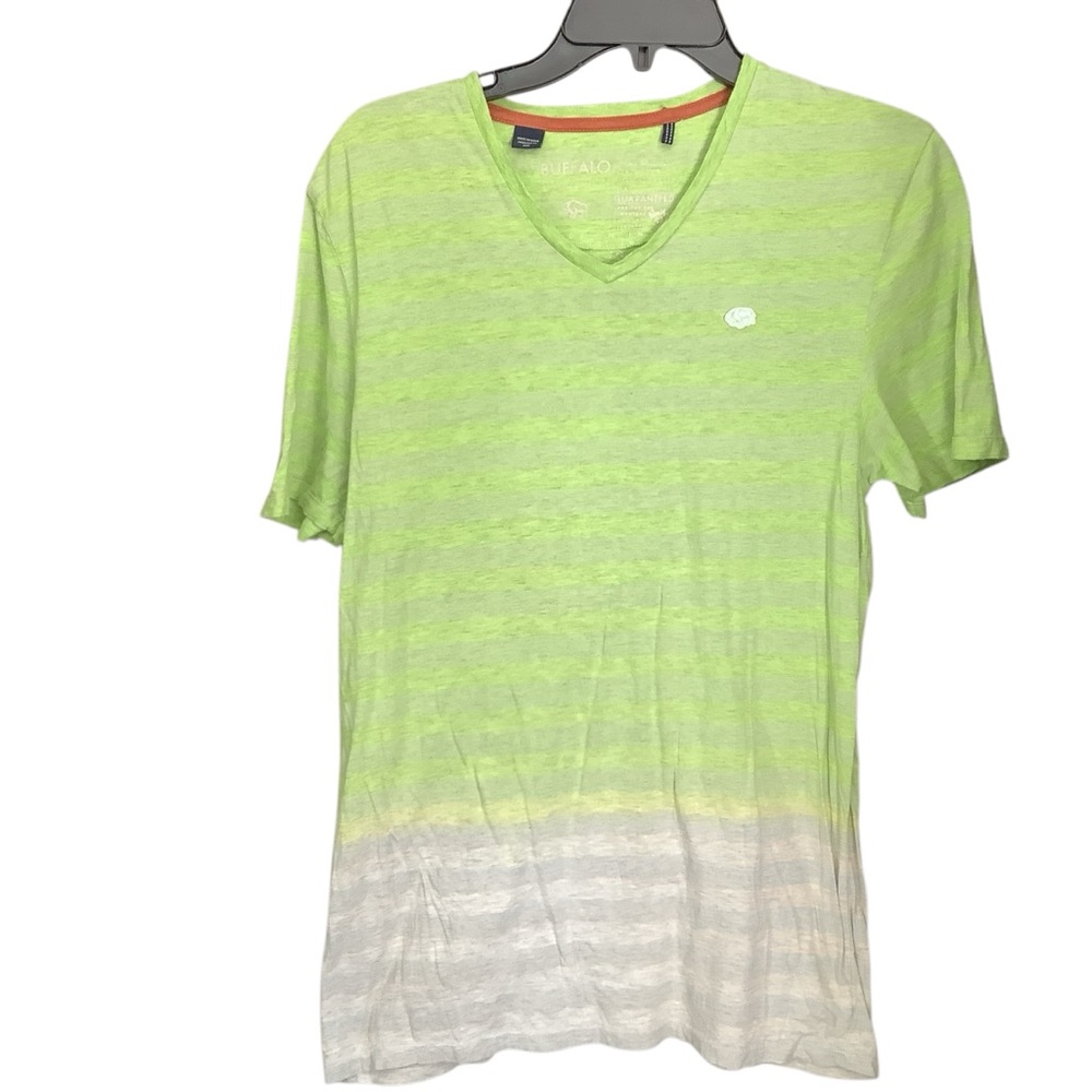 Women's L  Buffalo David Bitton Striped Thin T-Shirt Top Green to White V-neck